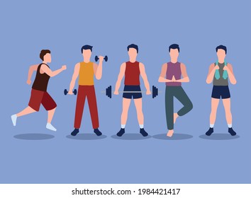 five fitness men practicing exercise