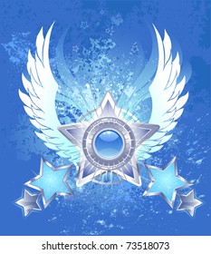 five five-pointed silver star with white stylized wings on a blue background  splashed blue paint
