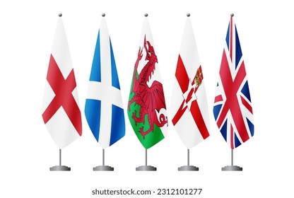 Five flags of United Kingdom countries on flag stands, vector