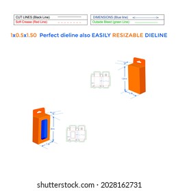 Five flap Hanging display box (1x0.5x1.50in) packaging dieline template and 3D box vector file