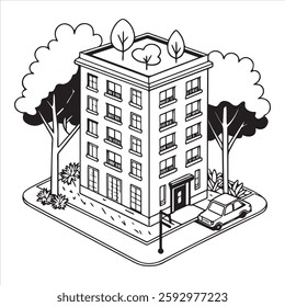 The five floor building in the middle.  the flower garden around  also on roof various tree with front car parking.