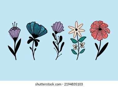 five flowers garden nature set icons