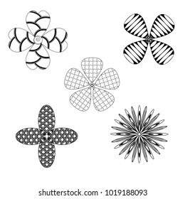 five flowers painted in the style of zenart, black and white flowers with different patterns
