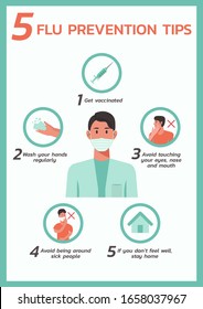 five flu prevention tips infographic, healthcare and medical about prevent influenza, virus protection, flat vector symbol icon, layout, template illustration in vertical design