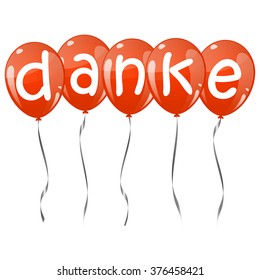 five flying balloons red colored with text thank you (in german)