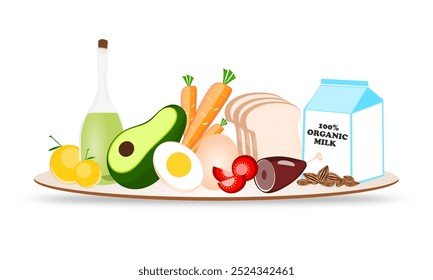 Five food groups isolated vector illustration. Healthy nutrition food concept. Healthy meal for good health. fiber, carbs, fat, protein, vitamin.