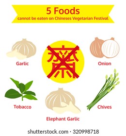 five foods cannot eat on vegetarian festival, vector, (Foreign Text is mean to maintain the purity )