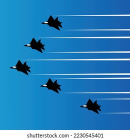 five formation black  military airplane airshow in the sky. vector illustration