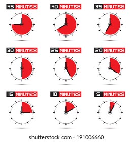 Five to Forty Five Minutes Stop Watch - Clock Vector Illustration Set