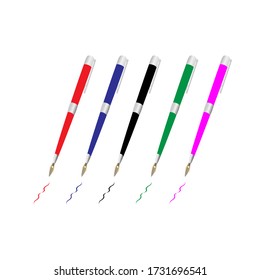 Five fountain pen in different colours red, blue, black, green and pink body colour and silver trim colour with drawing line on paper