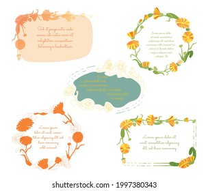 Five Frames of different designs made with Hand Drawn Outlined and Colored leaves of a Calendula Placed Separately. Vector Illustration for Traditional Medicine Products, Posters, Designs.
