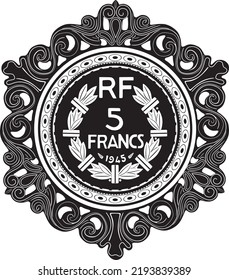 five franc gold coin with vintage frame handmade vector