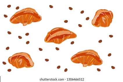 
Five fresh croissants on a white background with grains of coffee. Fresh pastries for a delicious French breakfast.