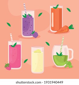 five fresh smoothies set icons