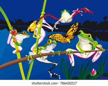 five frogs around their pond