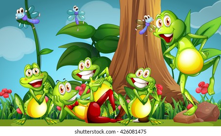 Five frogs and dragonflies in the garden illustration