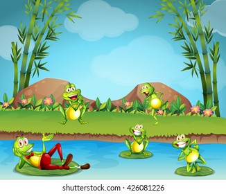 Five frogs living by the pond illustration