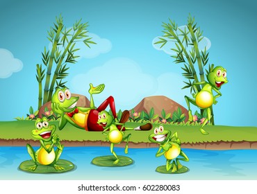 Five frogs living by the pond illustration