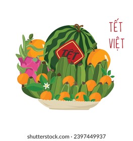 Five fruit tray vector. Fruit tray in Vietnamese traditional new year. Five-fruit tray displays on the altar during Tet holiday. Flat vector in cartoon style isolated on white background. 