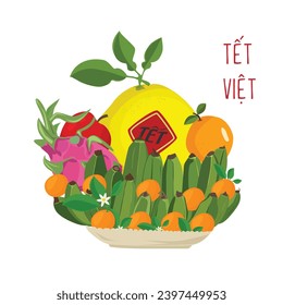 Five fruit tray vector. Fruit tray in Vietnamese traditional new year. Five-fruit tray displays on the altar during Tet holiday. Flat vector in cartoon style isolated on white background. 