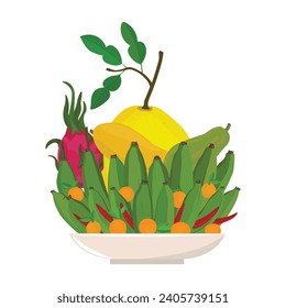 Five fruits tray flat vector illustration isolated on white background. Five-fruit tray in Vietnamese traditional new year. Elements for Tet holidays concept. Happy Lunar new year.