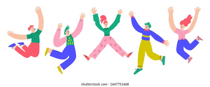 Fünf lustige positive Menschen springen mit erhobenen Händen in die Luft. Trendy Männer und Frauen. Farbige Vektorillustration auf doodalem und flachem Hintergrund