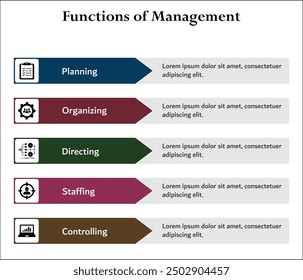 Cinco funciones de gestión: planificación, organización, dimensiones, dotación de personal, control. Plantilla de infografía con iconos y marcador de posición de descripción
