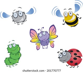 Five funny beetles isolated on a white background