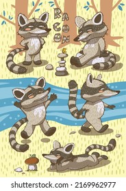 Five funny cartoon racoones on a yellow nature background. Vector.