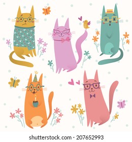 Five funny cats in glasses vector set