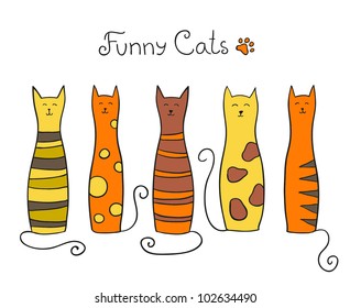 Five funny cats. Vector illustration