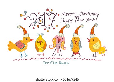 Five funny chicken in Christmas cap. Merry Christmas and Happy New Year! 