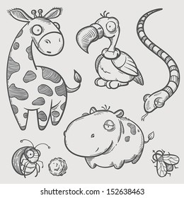 five funny engraving of african animals