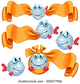 Five funny fish, some of them with a banner