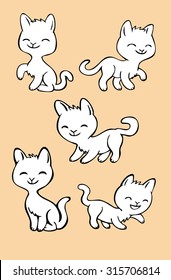 Five funny little kittens. Set. Isolated. Vector illustration