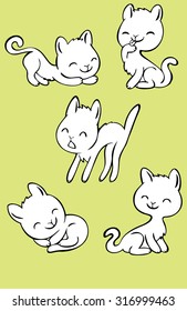 Five funny little kittens. Set. Isolated. Vector illustration