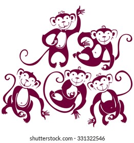 Five funny monkeys. Silhouette illustration.