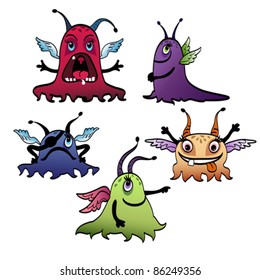Five funny multicolored monsters with wings.