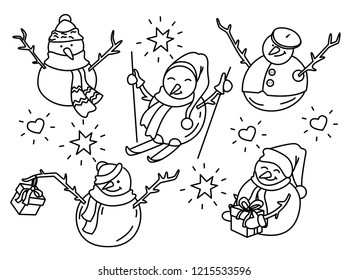 Five funny snowmen in doodle