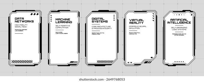 Cinco vetores de quadro de caixa de texto hud futurista mostrando redes de dados, aprendizagem de máquina, sistemas digitais, realidade virtual e inteligência artificial.