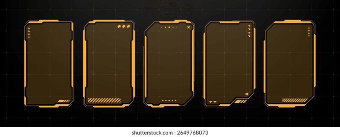Cinco vetores de quadro de caixa de texto hud futurista definidos com bordas laranja. Elementos de interface para design de jogos ou da Web. Sobreposição de monitor digital moderna.