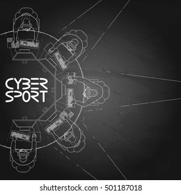 Five Game Players Sitting At The Round Table In Front Of Computer. Top View. Vector Participants Of Cyber Sport Tournament