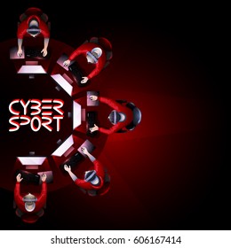 Five game players sitting at the round table in front of computer. Top view. Vector participants of cyber sport tournament
