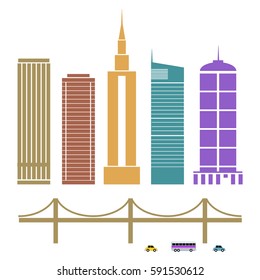 Five generic buildings, a suspension bridge, a taxi, bus and car represented as simple graphics