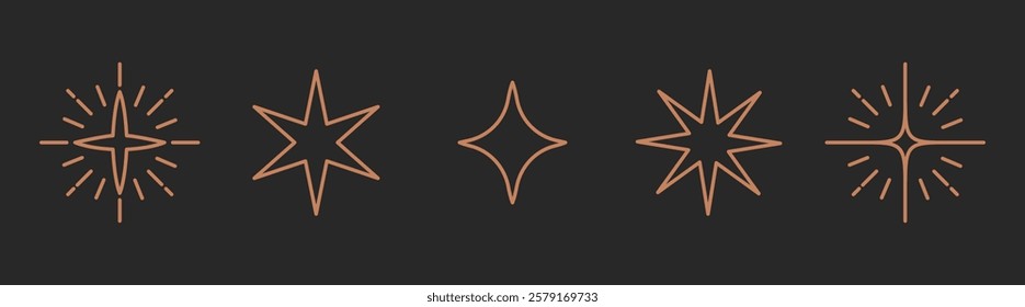 Five geometric star icons in a row, featuring varied star designs. Geometric star icons add a modern touch. Perfect for star-themed designs. Doodle illustrations, vector set.