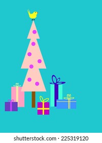 Five gifts under a pink christmas tree with a yellow bird on top. Turquoise background. EPS vector format.