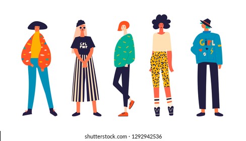 Five girls dressed in trendy clothes standing in various poses. Girl power concept. Female cartoon characters. Hand drawn colored vector set. All elements are isolated