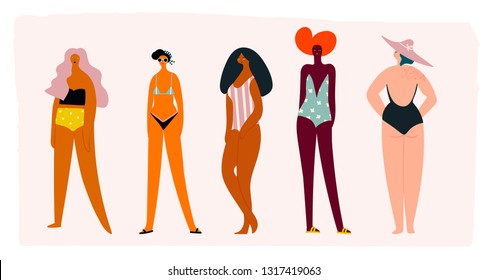 Five girls dressed in trendy swimsuits standing in various poses. Girl power concept. Female cartoon characters. Hand drawn colored vector set. All elements are isolated