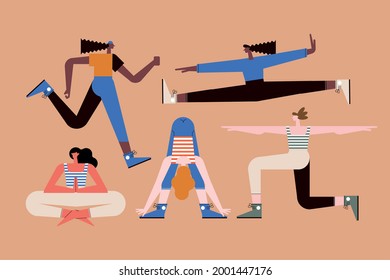 five girls practicing activities characters