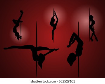 Five girls silhouettes dancing on the pole on the red background